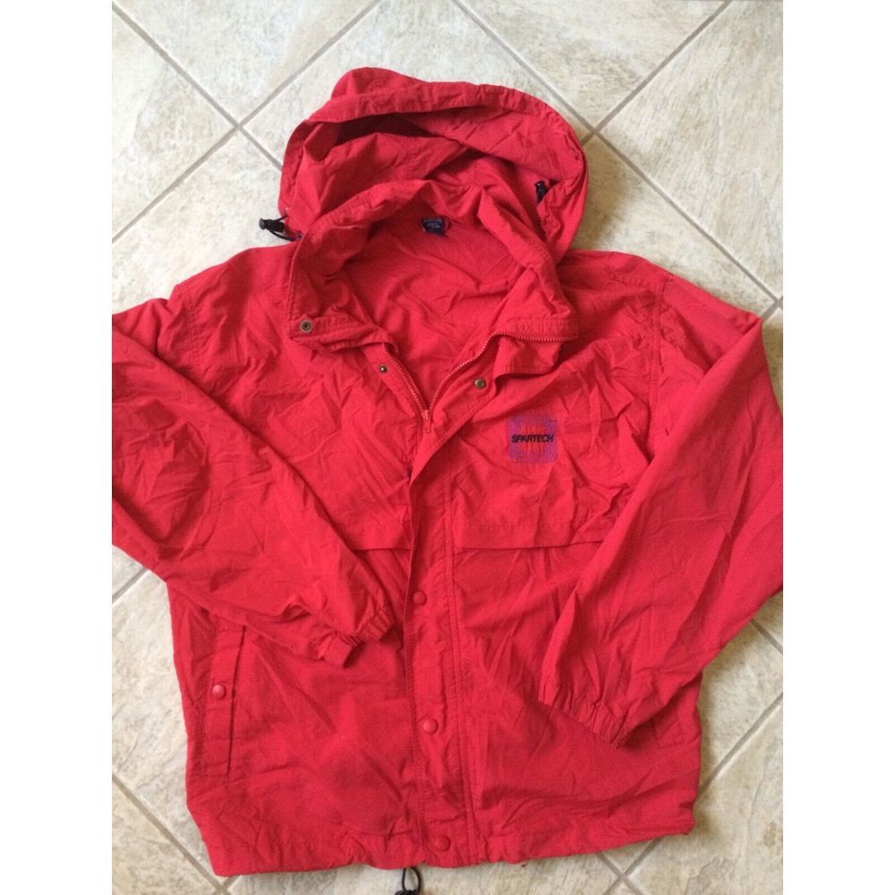 Lands End Men L (42-44) Jacket Windbreaker Raincoat Stowaway Hood Red
